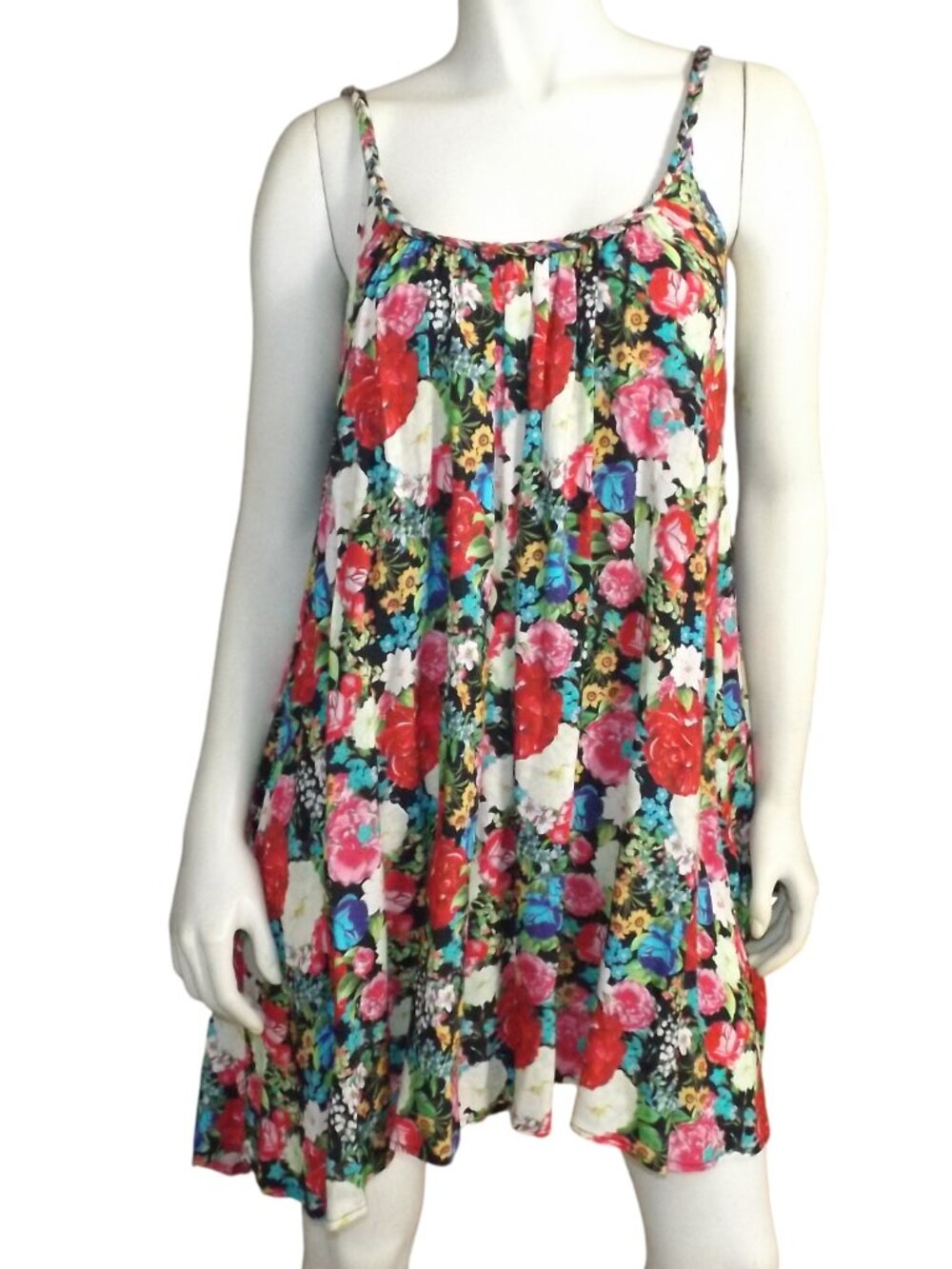 WILDFOX Mini Dress, S, Multicolor Floral, Braided straps, Open Back, Schoop neck